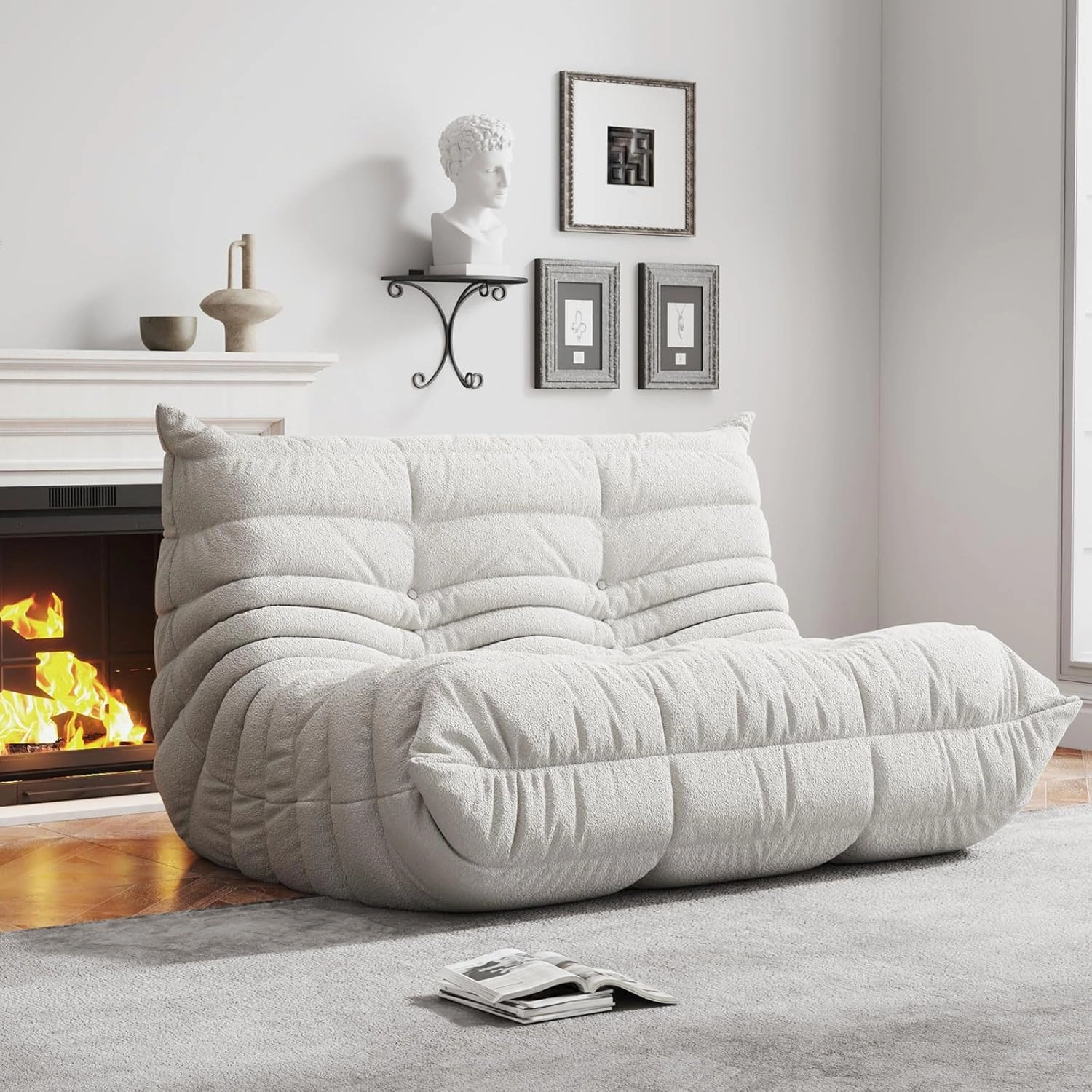 Bean Bag Chairs for Adults, BeanBag Reading Chair Memory Foam Couch, Floor Chair Soft Teddy Material, Comfy Reading Nook Chairs for Bedroom Living Room Office(Beige)