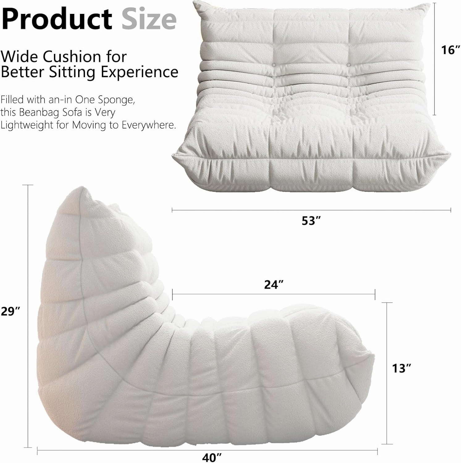 Bean Bag Chairs for Adults, BeanBag Reading Chair Memory Foam Couch, Floor Chair Soft Teddy Material, Comfy Reading Nook Chairs for Bedroom Living Room Office(Beige)