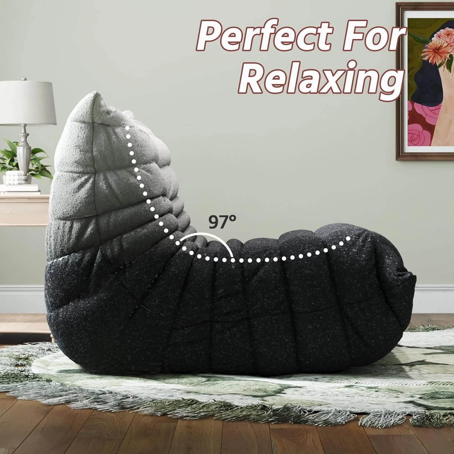 Bean Bag Chairs for Adults, Memory Foam Couch Single Sofa Chair, Soft Teddy Material Cozy Comfy Reading Nook Chairs, Floor Chair for Living Room Bedroom Office (Black-White)