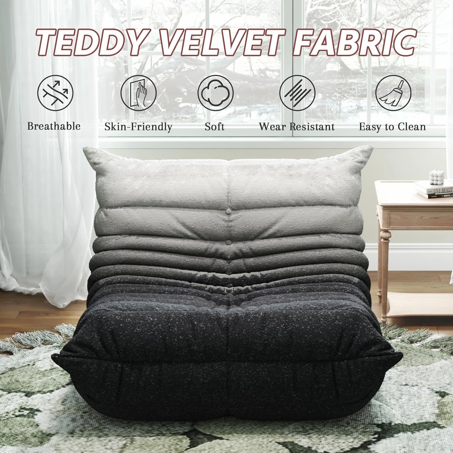 Bean Bag Chairs for Adults, Memory Foam Couch Single Sofa Chair, Soft Teddy Material Cozy Comfy Reading Nook Chairs, Floor Chair for Living Room Bedroom Office (Black-White)