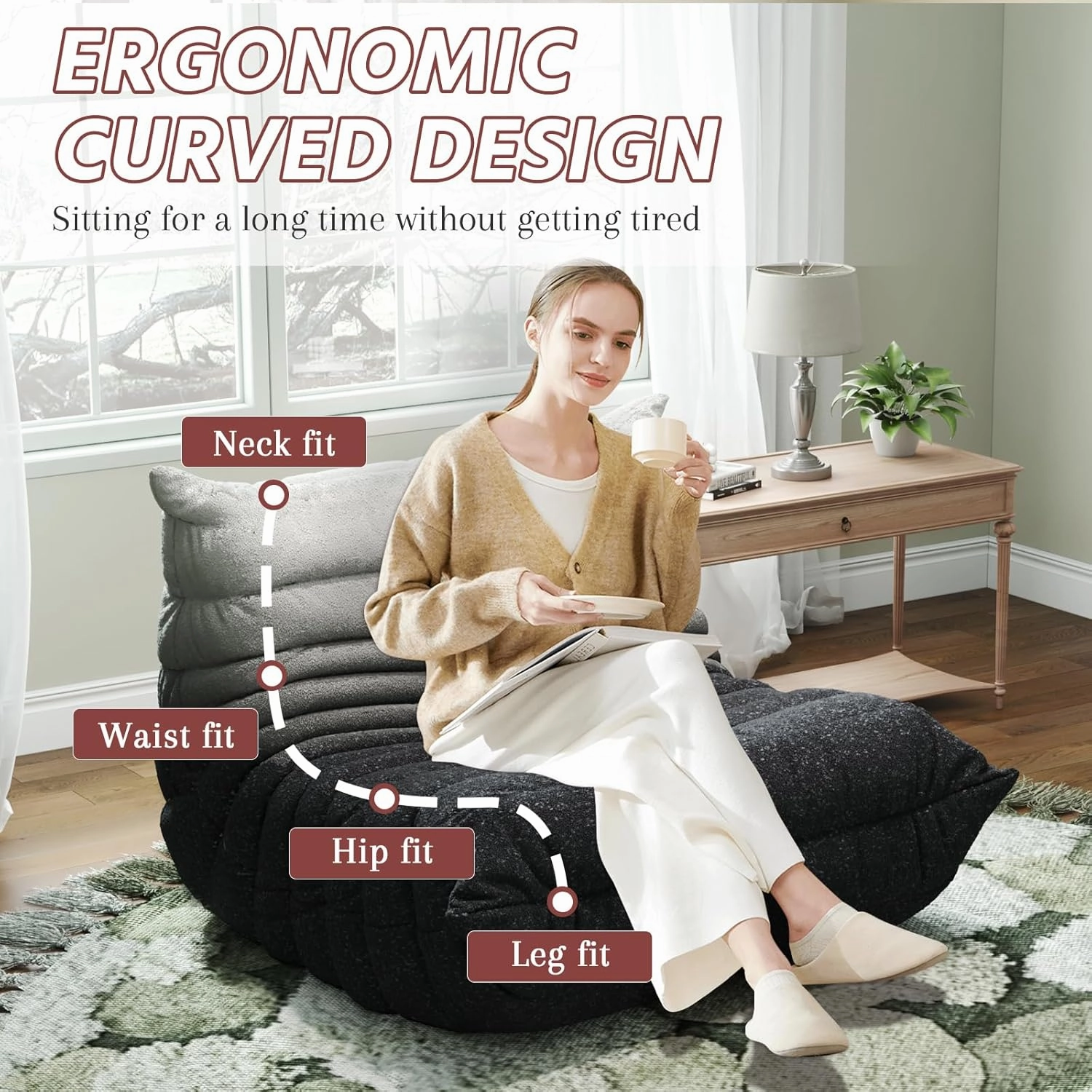 Bean Bag Chairs for Adults, Memory Foam Couch Single Sofa Chair, Soft Teddy Material Cozy Comfy Reading Nook Chairs, Floor Chair for Living Room Bedroom Office (Black-White)