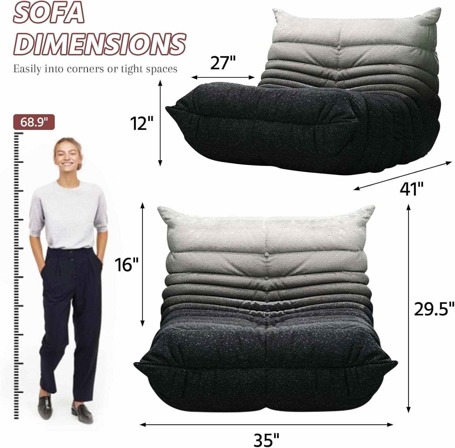 Bean Bag Chairs for Adults, Memory Foam Couch Single Sofa Chair, Soft Teddy Material Cozy Comfy Reading Nook Chairs, Floor Chair for Living Room Bedroom Office (Black-White)