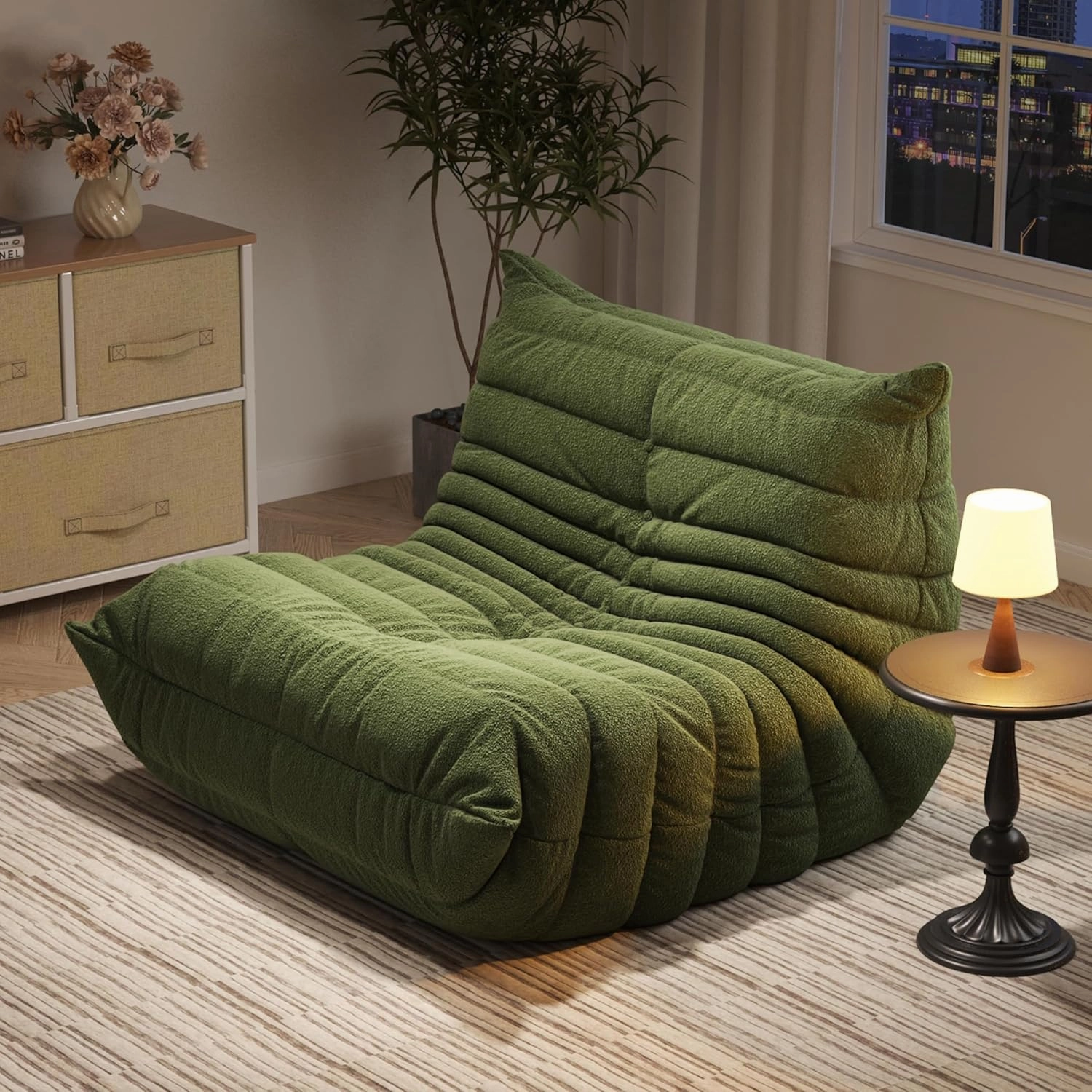 Bean Bag Chairs for Adults, Memory Foam Couch Single Sofa Chair, Soft Teddy Material Cozy Comfy Reading Nook Chairs, Floor Chair for Living Room Bedroom Office (Green)