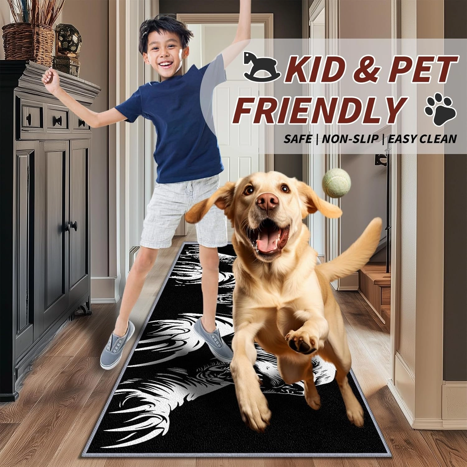 Bear Rugs for Living Room, Bear Runners for Hallways, 4x12ft, Man Cave Black and White Wildlife Runner Rug, Teens Cabin Animal Washable Non Slip Carpet Runner - Bear Home Decor