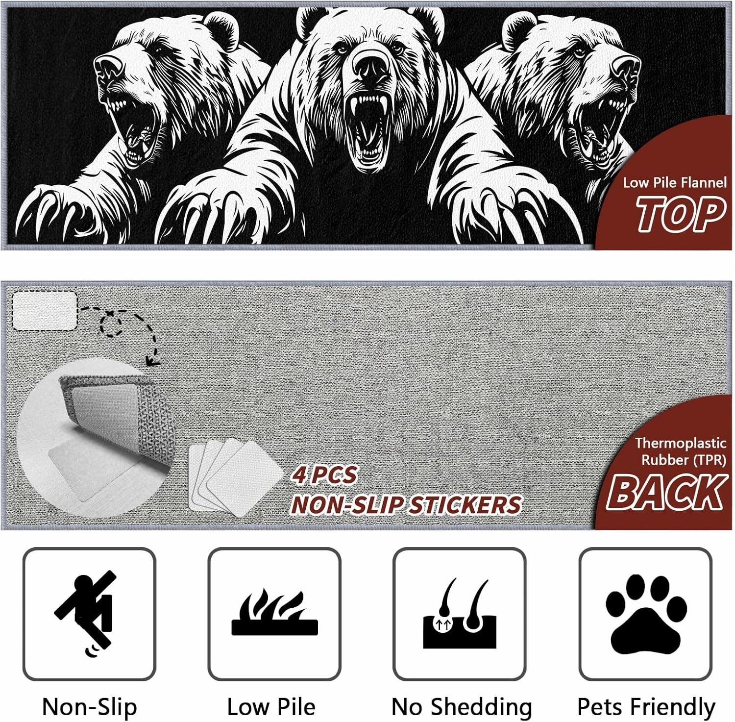 Bear Rugs for Living Room, Bear Runners for Hallways, 4x12ft, Man Cave Black and White Wildlife Runner Rug, Teens Cabin Animal Washable Non Slip Carpet Runner - Bear Home Decor