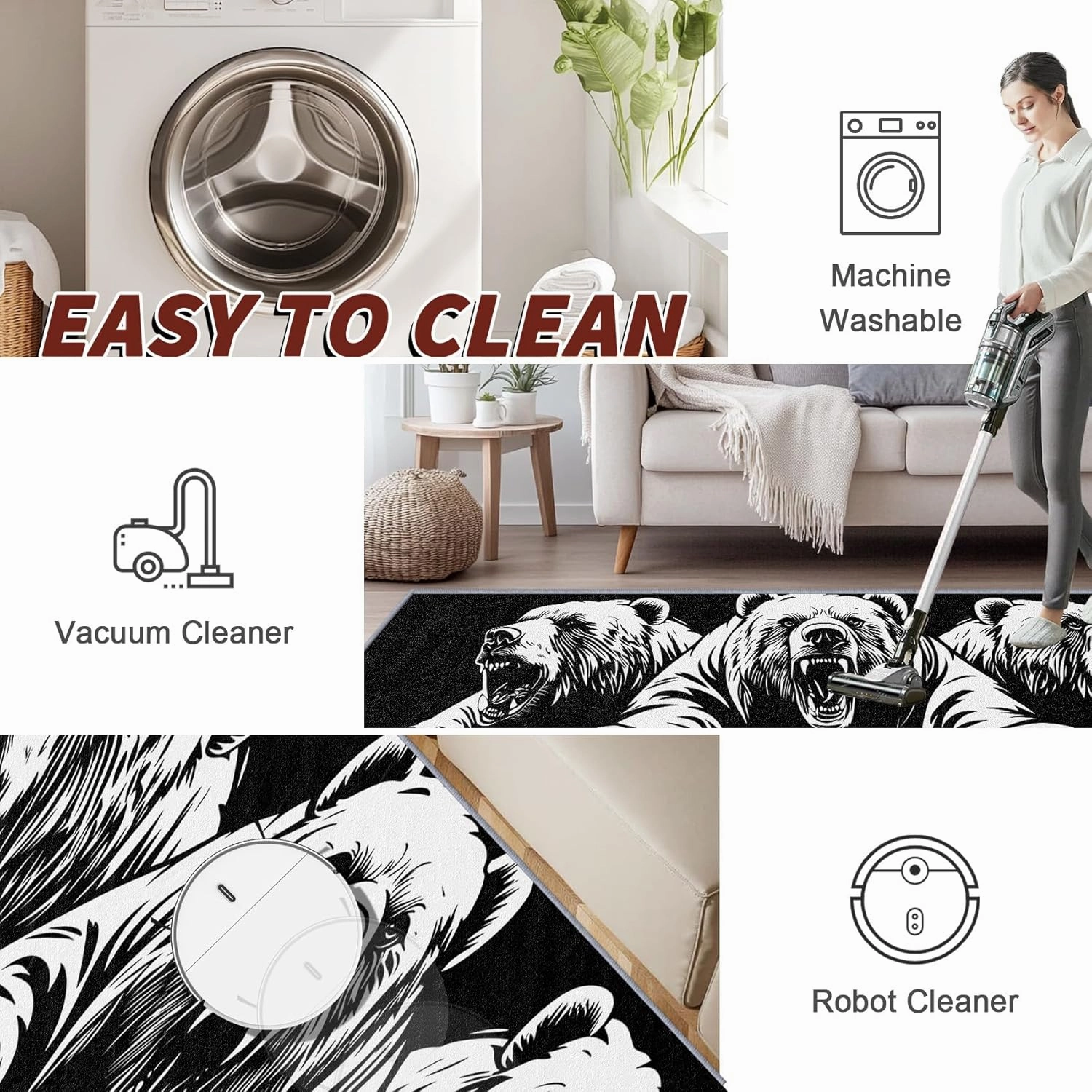 Bear Rugs for Living Room, Bear Runners for Hallways, 4x12ft, Man Cave Black and White Wildlife Runner Rug, Teens Cabin Animal Washable Non Slip Carpet Runner - Bear Home Decor