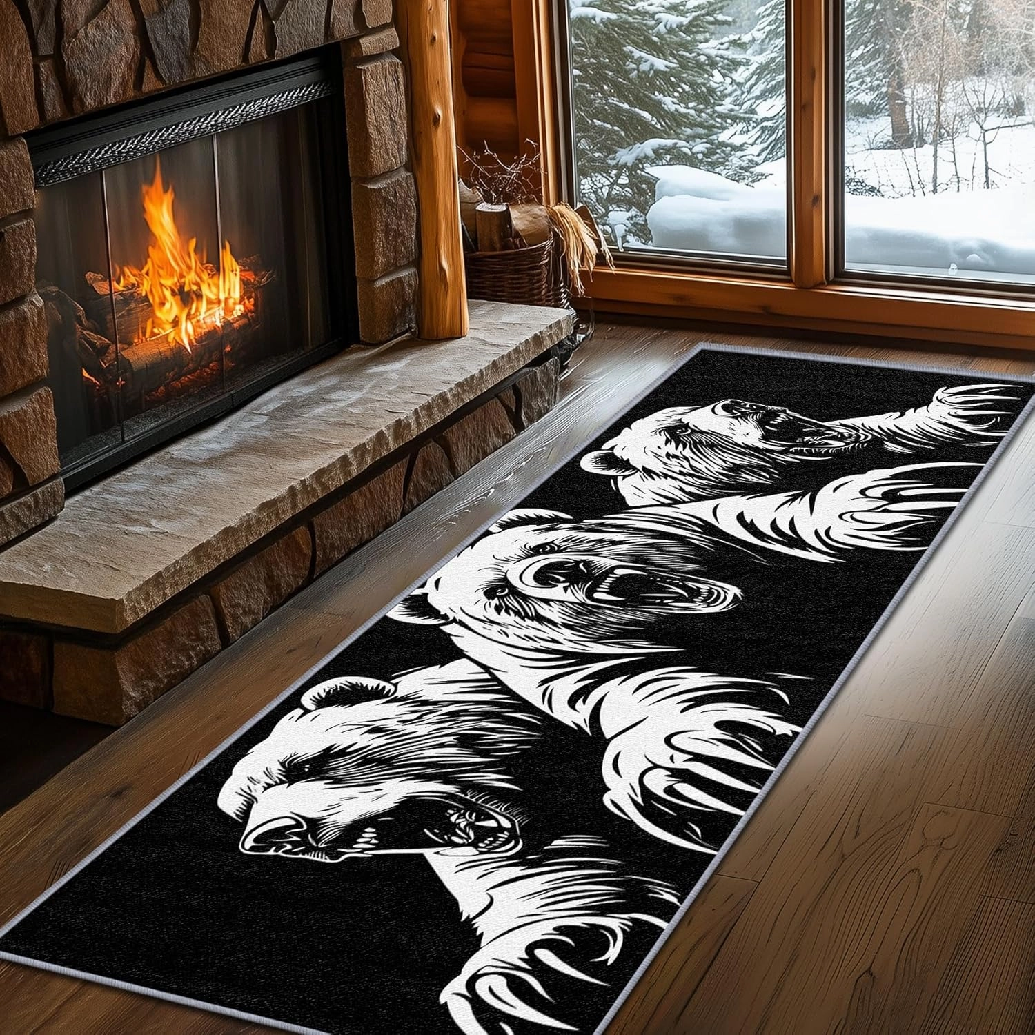 Bear Rugs for Living Room, Bear Runners for Hallways, 4x12ft, Man Cave Black and White Wildlife Runner Rug, Teens Cabin Animal Washable Non Slip Carpet Runner - Bear Home Decor