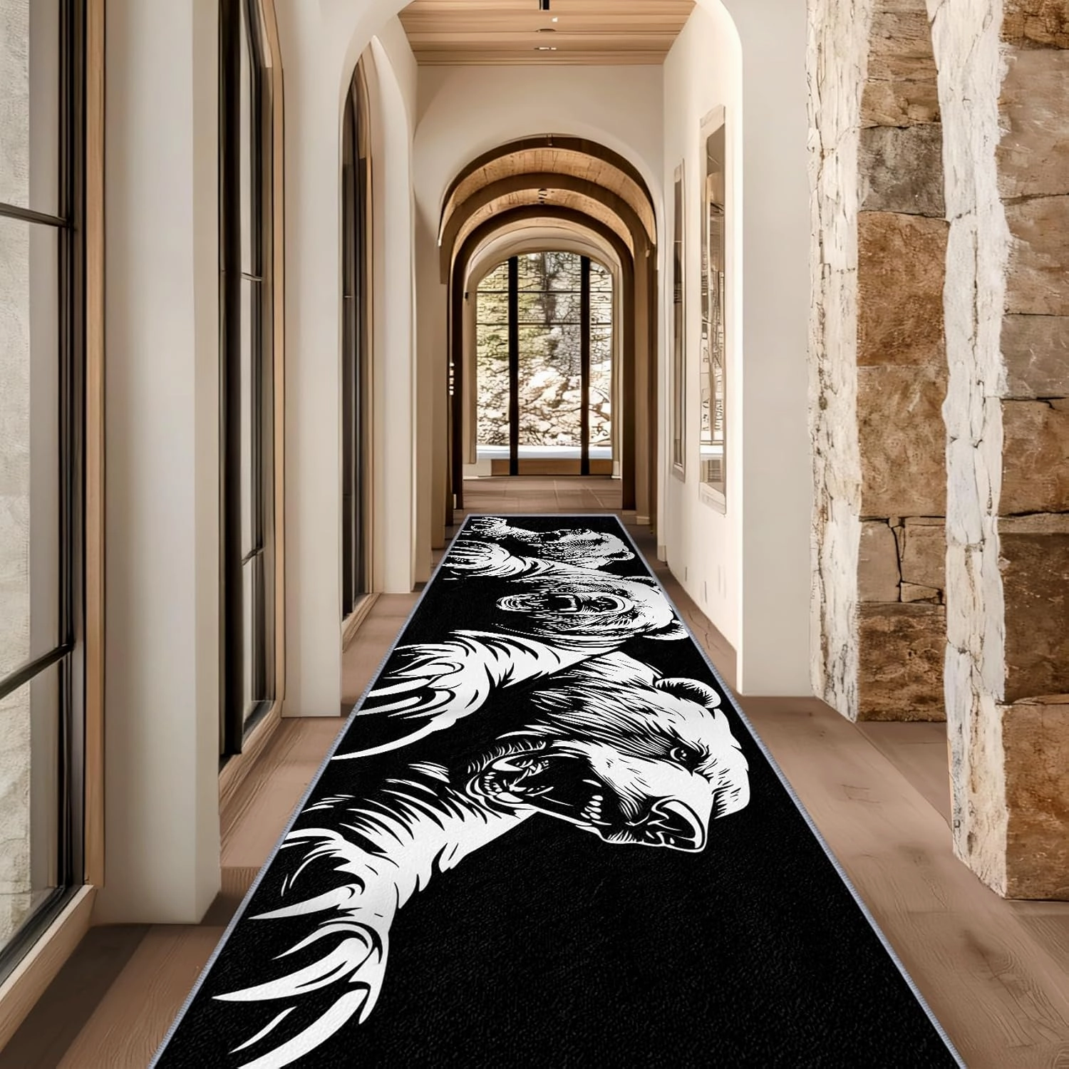 Bear Rugs for Living Room, Bear Runners for Hallways, 4x12ft, Man Cave Black and White Wildlife Runner Rug, Teens Cabin Animal Washable Non Slip Carpet Runner - Bear Home Decor