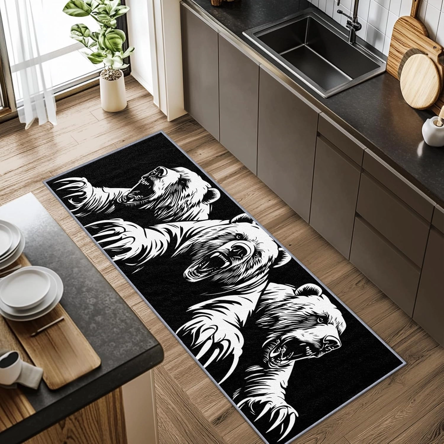 Bear Rugs for Living Room, Bear Runners for Hallways, 4x12ft, Man Cave Black and White Wildlife Runner Rug, Teens Cabin Animal Washable Non Slip Carpet Runner - Bear Home Decor