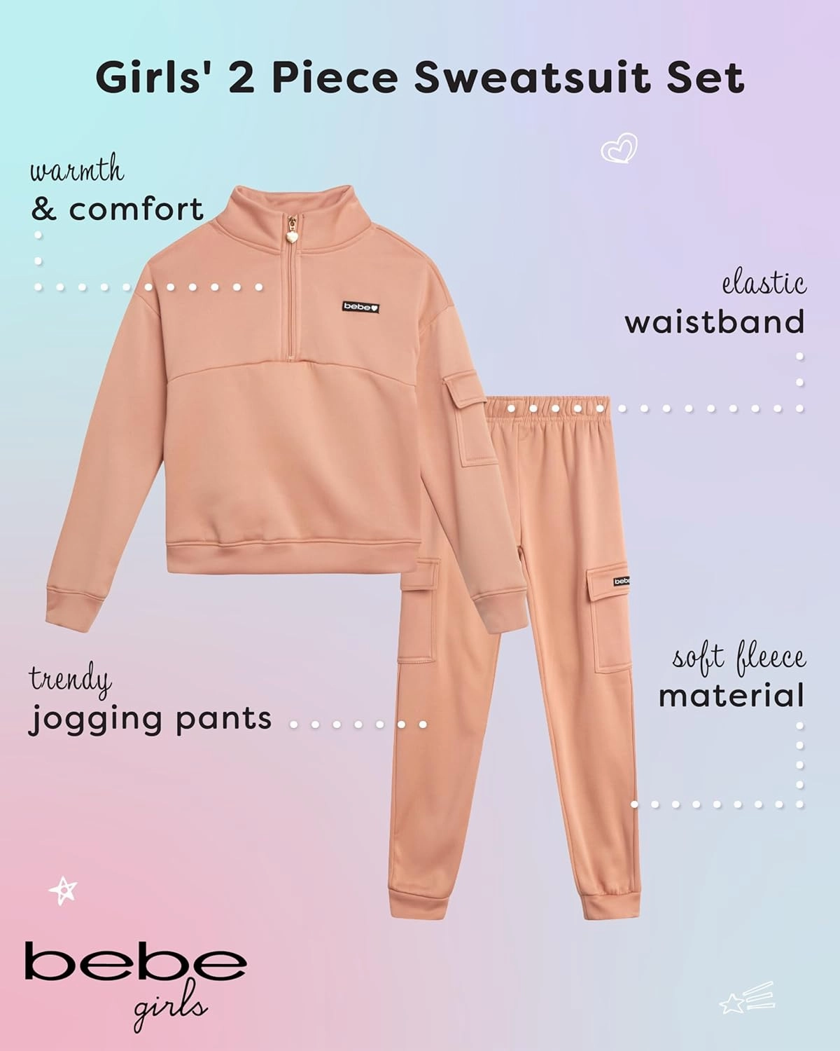 bebe Girls' Jogger Set - 2 Piece Fleece Mock Neck Quarter Zip Pullover Sweatshirt and Cargo Jogger Pants for Girls (7-12)