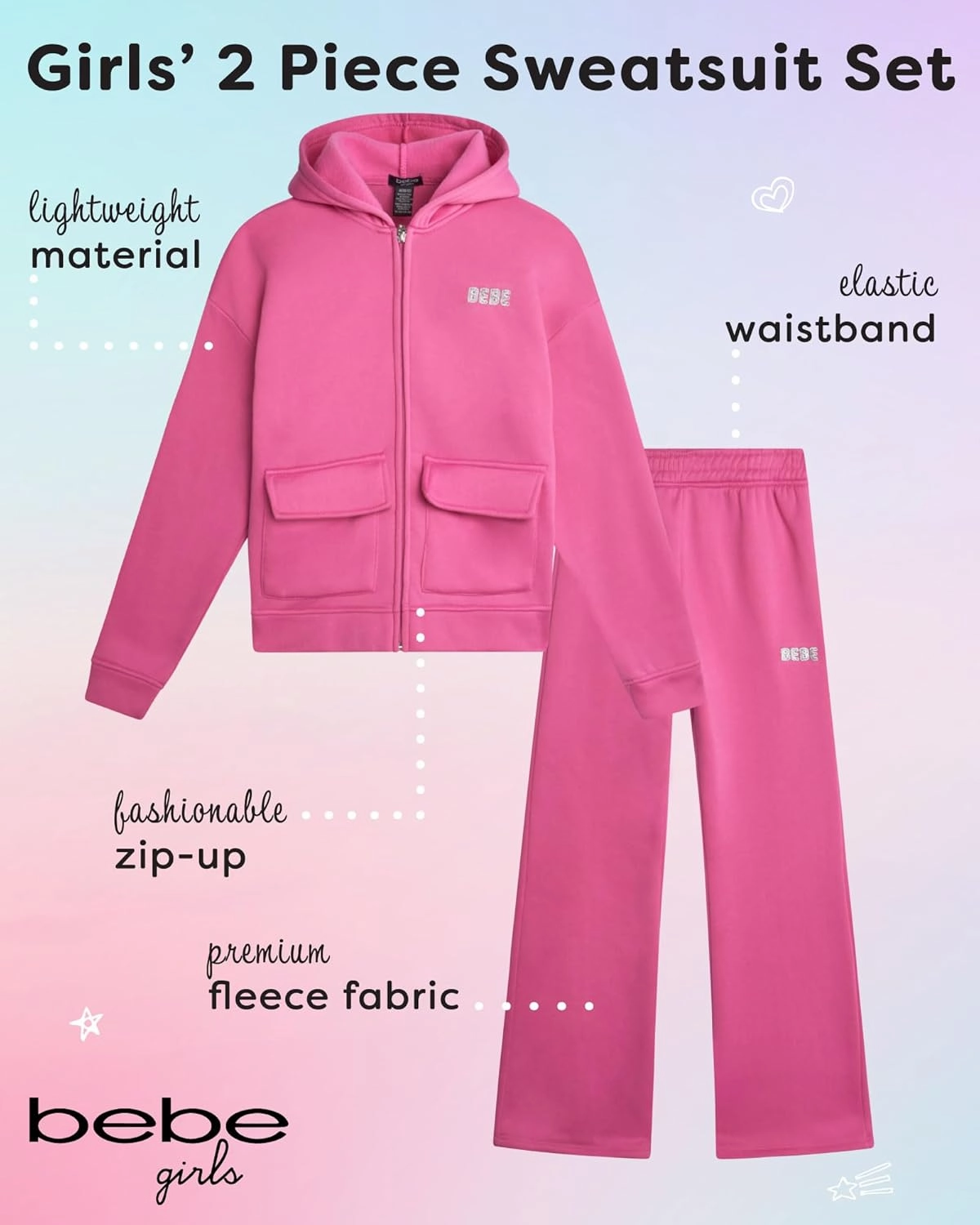 bebe Girls' Sweatsuit Set - 2 Piece Soft Fleece Full Zip Up Hoodie and Cargo Pants Set for Girls (7-12)
