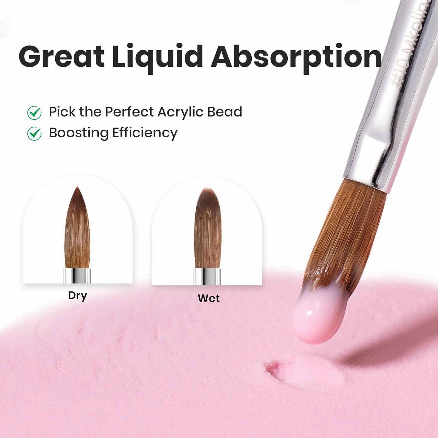 Beetles Kolinsky Acrylic Nail Brush Pure Kolinsky Hair Bristles Round Shaped Metal Handle Nail Art Brushes for Acrylic Powder Manicure Extension Professional Salon Manicure Tool - Size 10