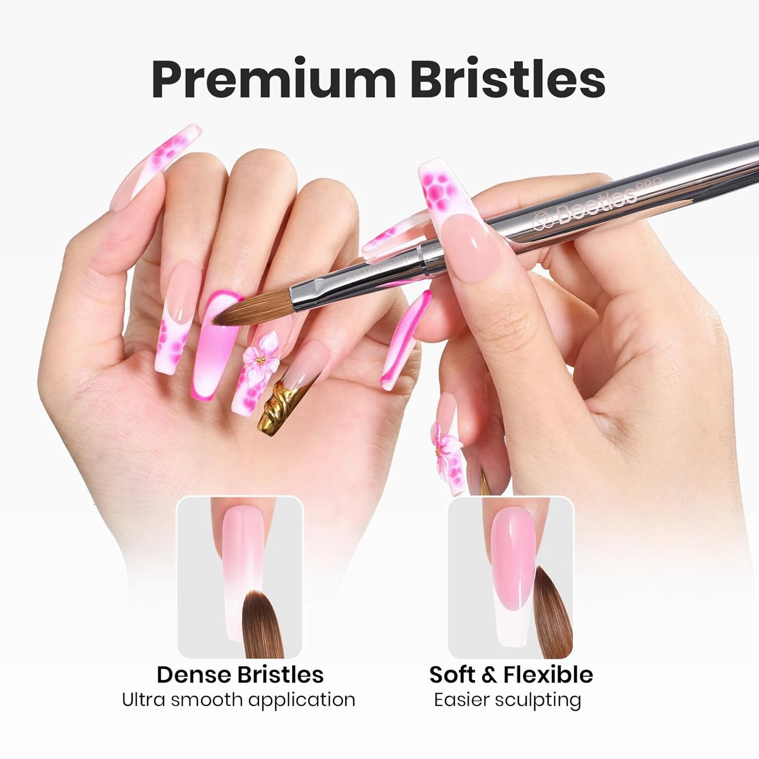 Beetles Kolinsky Acrylic Nail Brush Pure Kolinsky Hair Bristles Round Shaped Metal Handle Nail Art Brushes for Acrylic Powder Manicure Extension Professional Salon Manicure Tool - Size 10