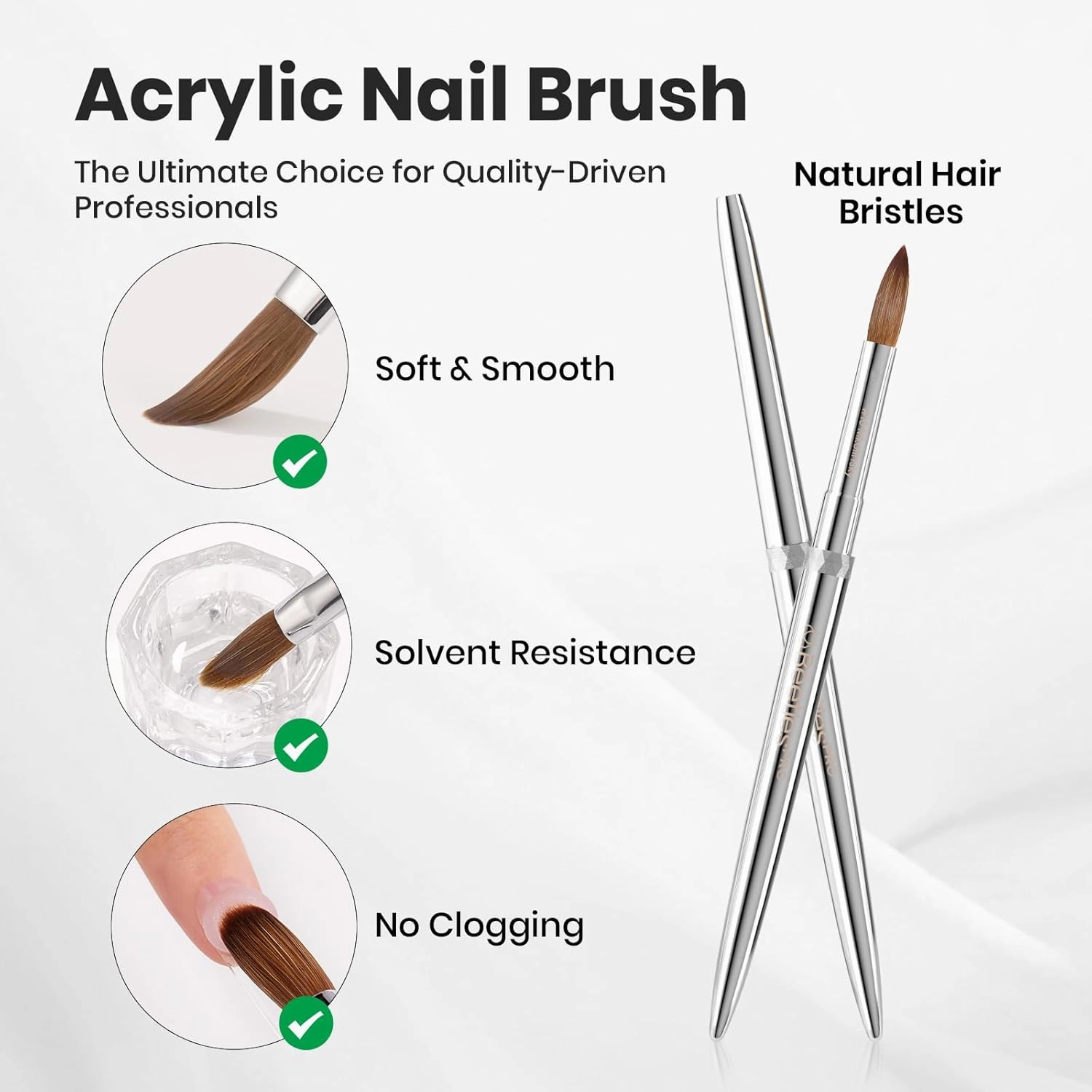 Beetles Kolinsky Acrylic Nail Brush Pure Kolinsky Hair Bristles Round Shaped Metal Handle Nail Art Brushes for Acrylic Powder Manicure Extension Professional Salon Manicure Tool - Size 10