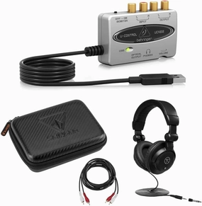 Behringer UCA202 Ultra-Low Latency 2-In/2 Out USB/Audio Interface with Digital Output Bundle WIth Studio Monitor Headphones, Hard Carry Case, RCA Male to 2 RCA Male Stereo Audio Cable 10'
