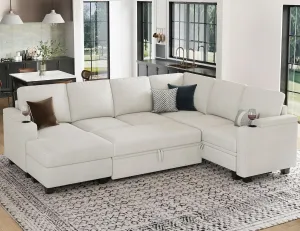Belffin Sleeper Sofa Modular Sectional Pull Out Couch Bed U Shaped Sofa Couch for Living Room with Storage Chaise. White