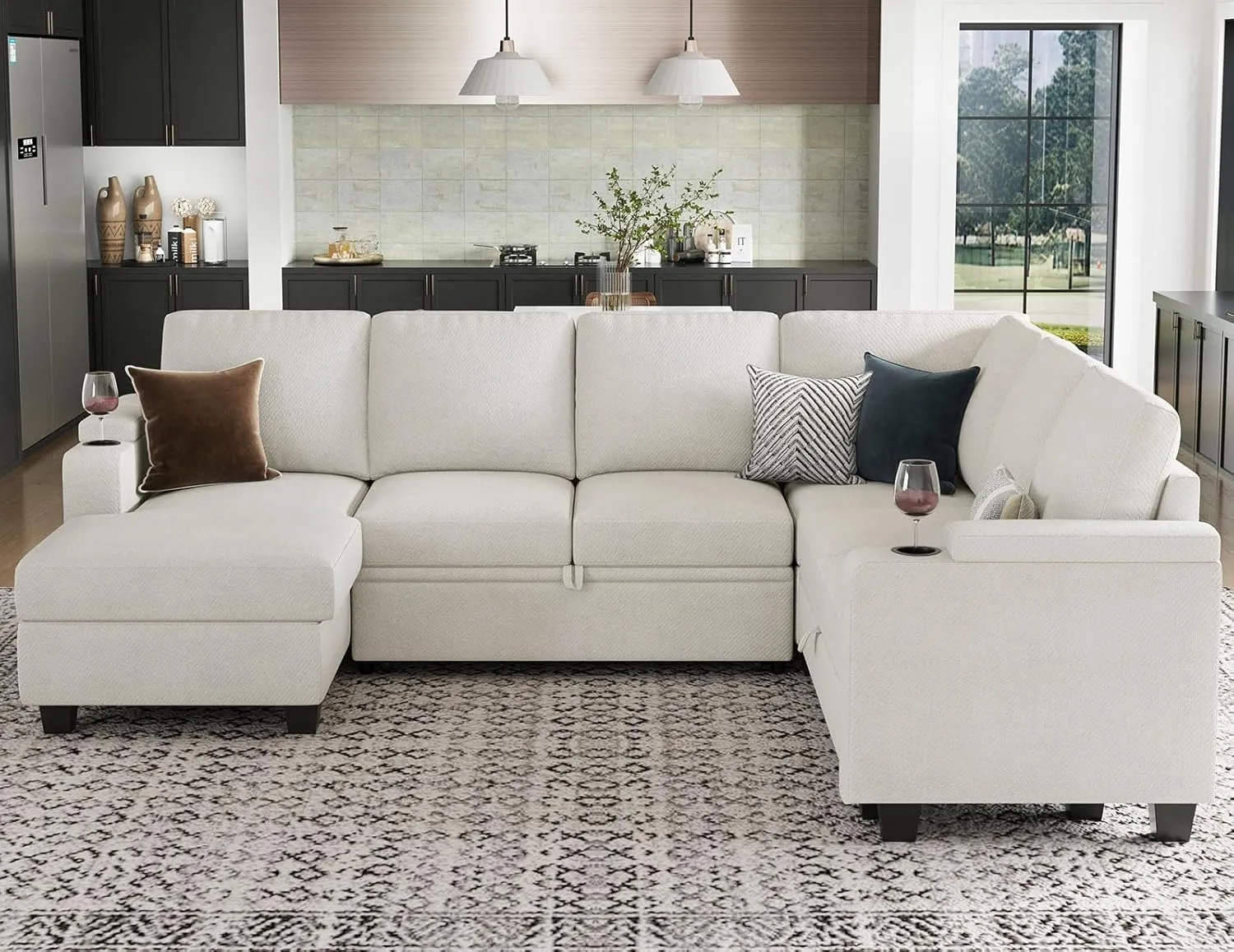 Belffin Sleeper Sofa Modular Sectional Pull Out Couch Bed U Shaped Sofa Couch for Living Room with Storage Chaise. White