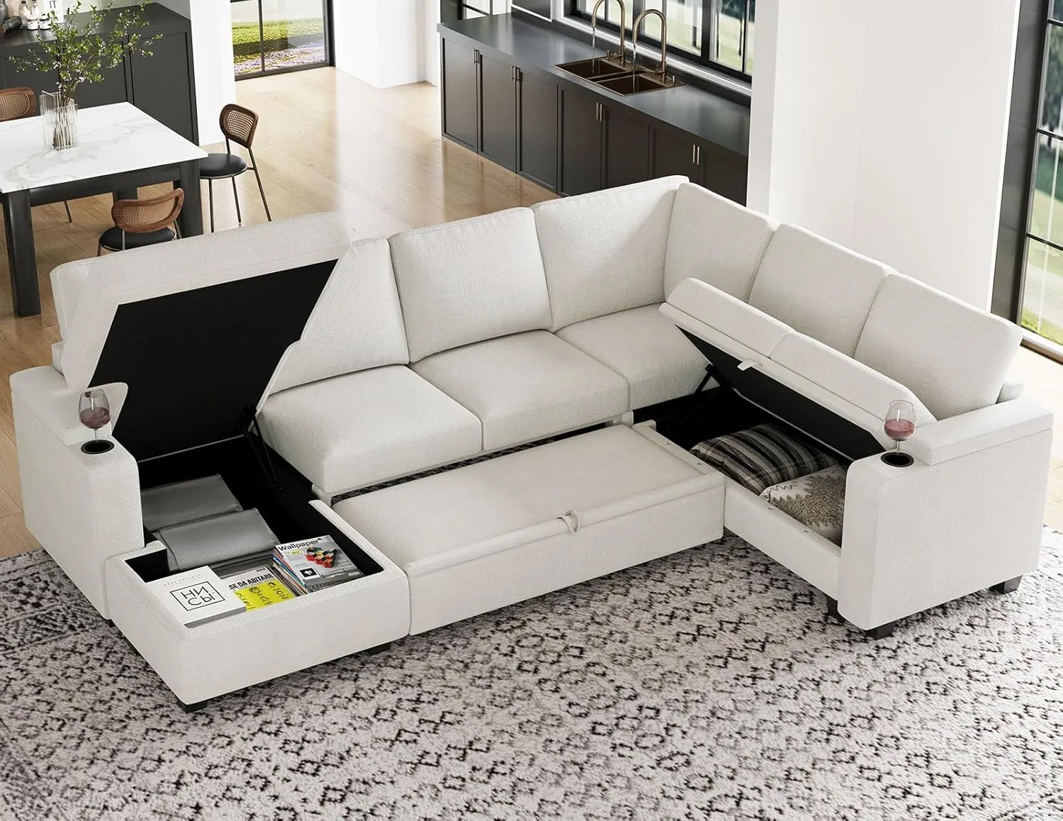 Belffin Sleeper Sofa Modular Sectional Pull Out Couch Bed U Shaped Sofa Couch for Living Room with Storage Chaise. White