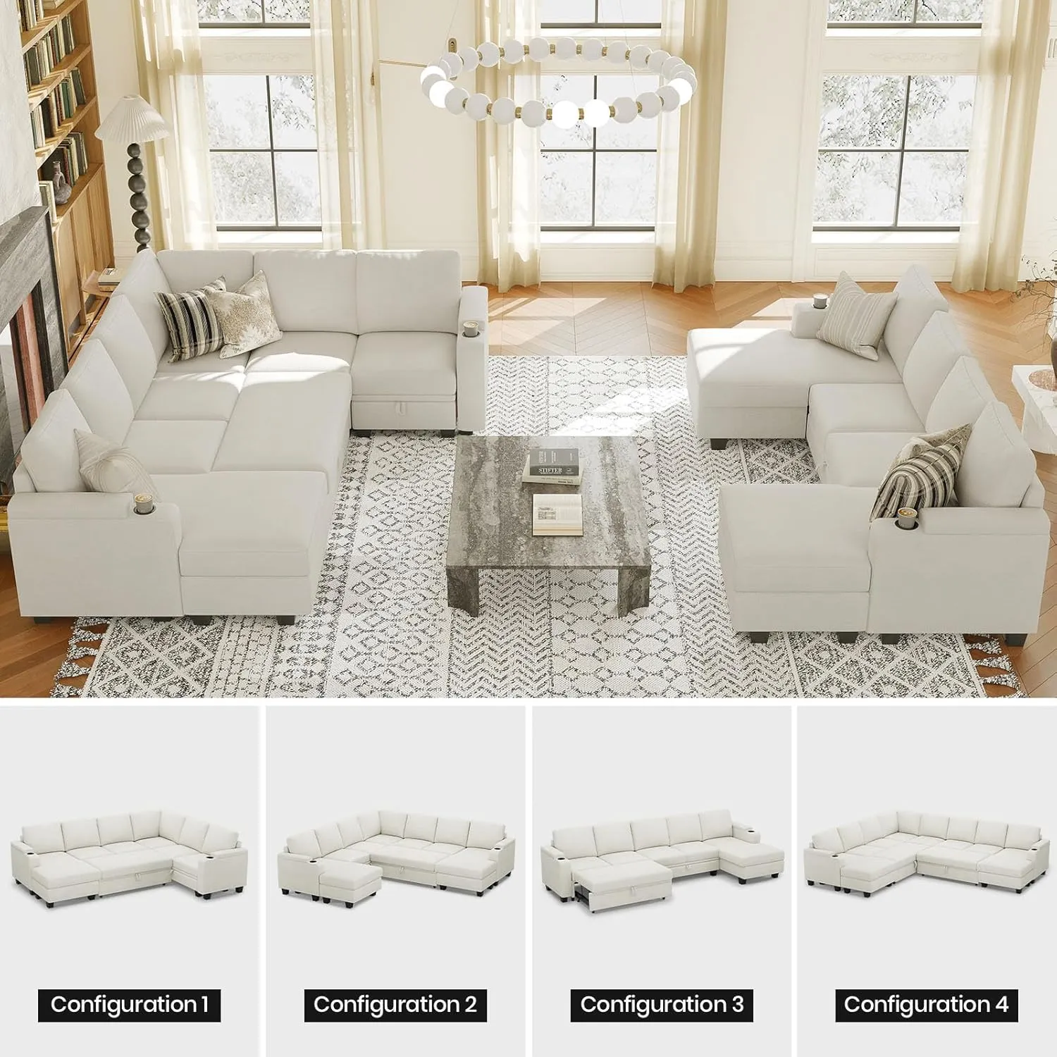 Belffin Sleeper Sofa Modular Sectional Pull Out Couch Bed U Shaped Sofa Couch for Living Room with Storage Chaise. White