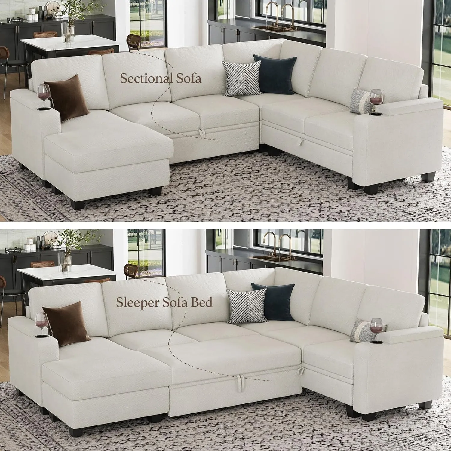 Belffin Sleeper Sofa Modular Sectional Pull Out Couch Bed U Shaped Sofa Couch for Living Room with Storage Chaise. White