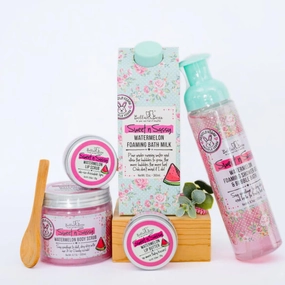 Bella & Bear Sweet 'n' Sassy Watermelon Mega Bath & Body Gift Set with Foaming Shower Gel & Bubble Bath, Bath Milk, Body Scrub & Lip Scrub and Lip Butter Great Gifts for Women