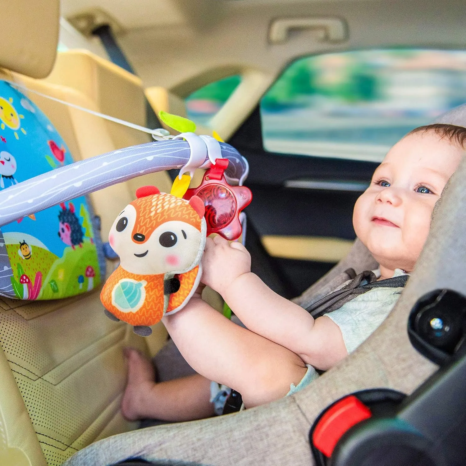BENBAT Car Seat Toys for Babies - Double Sided Rear Facing Carseat Toy with Baby Mirror for Infants Girls and Boys 0  Month Blue