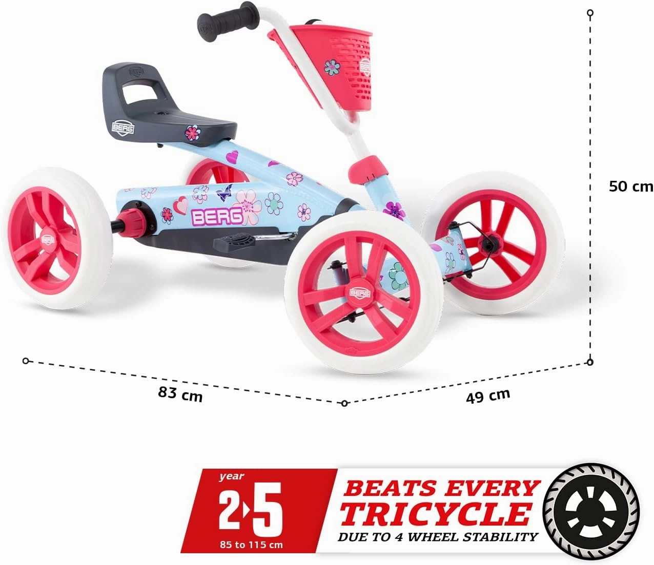 BERG Pedal Kart Buzzy Bloom | Pedal Go Kart, Kids Ride On Toys | Pedal Cars for Kids 2-5 | Outdoor Toys Go Cart for Boys & Girls | Safe 4-Wheel Stability, EVA Tires
