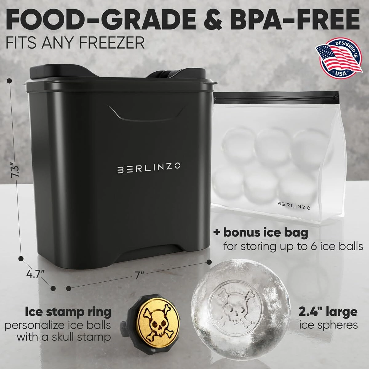 Berlinzo Premium Clear Ice Ball Maker Mold - 2 Large 2.4" Crystal Clear Ice Balls for Whiskey, Cocktails & Bourbon, Easy-to-Remove Ice Sphere Mold - Storage Bag & Ice Stamp Press Ring Included, Black