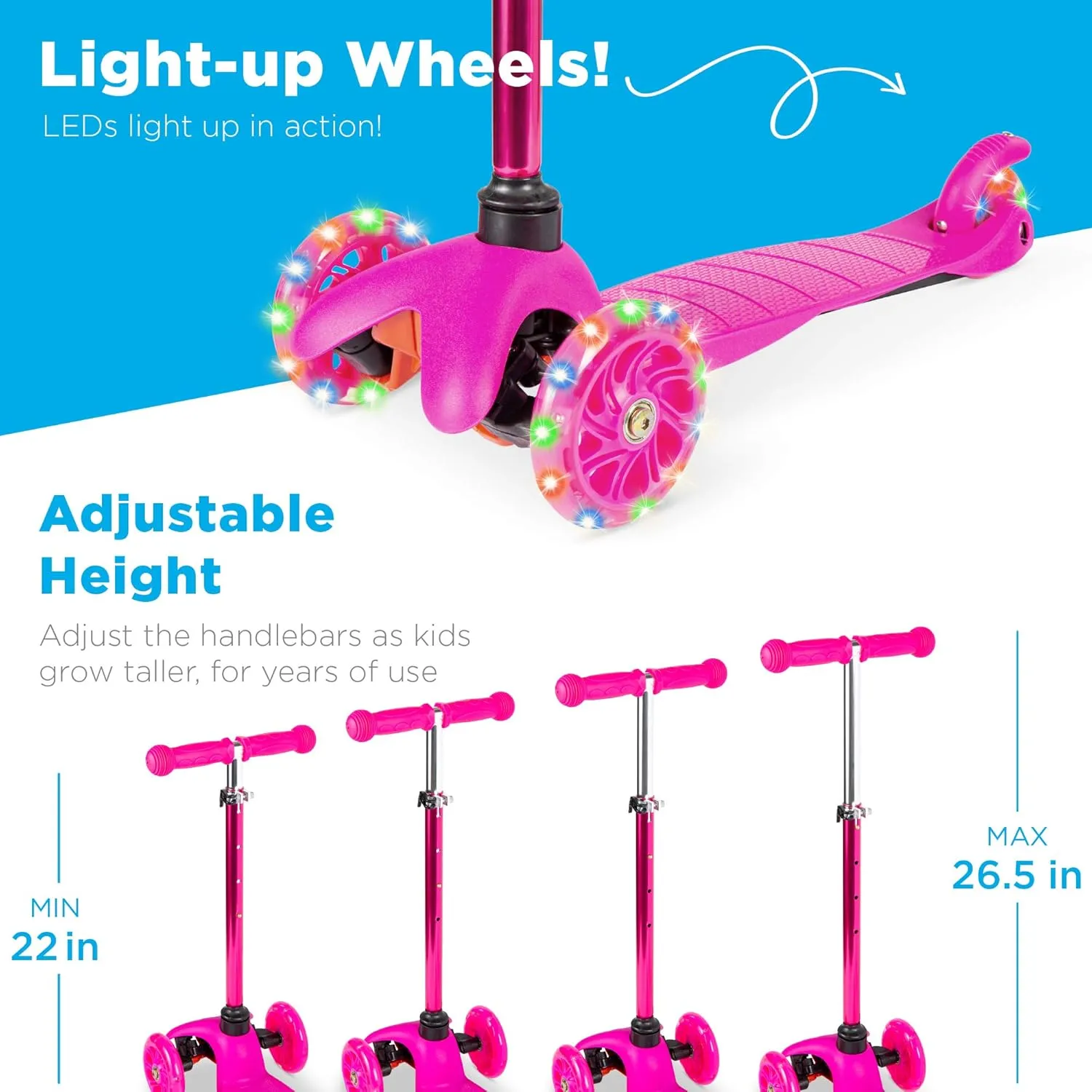 Best Choice Products Kids Mini Kick Scooter Toy w/ Light-Up Wheels, Height Adjustable T-Bar, Foot Break - Pink