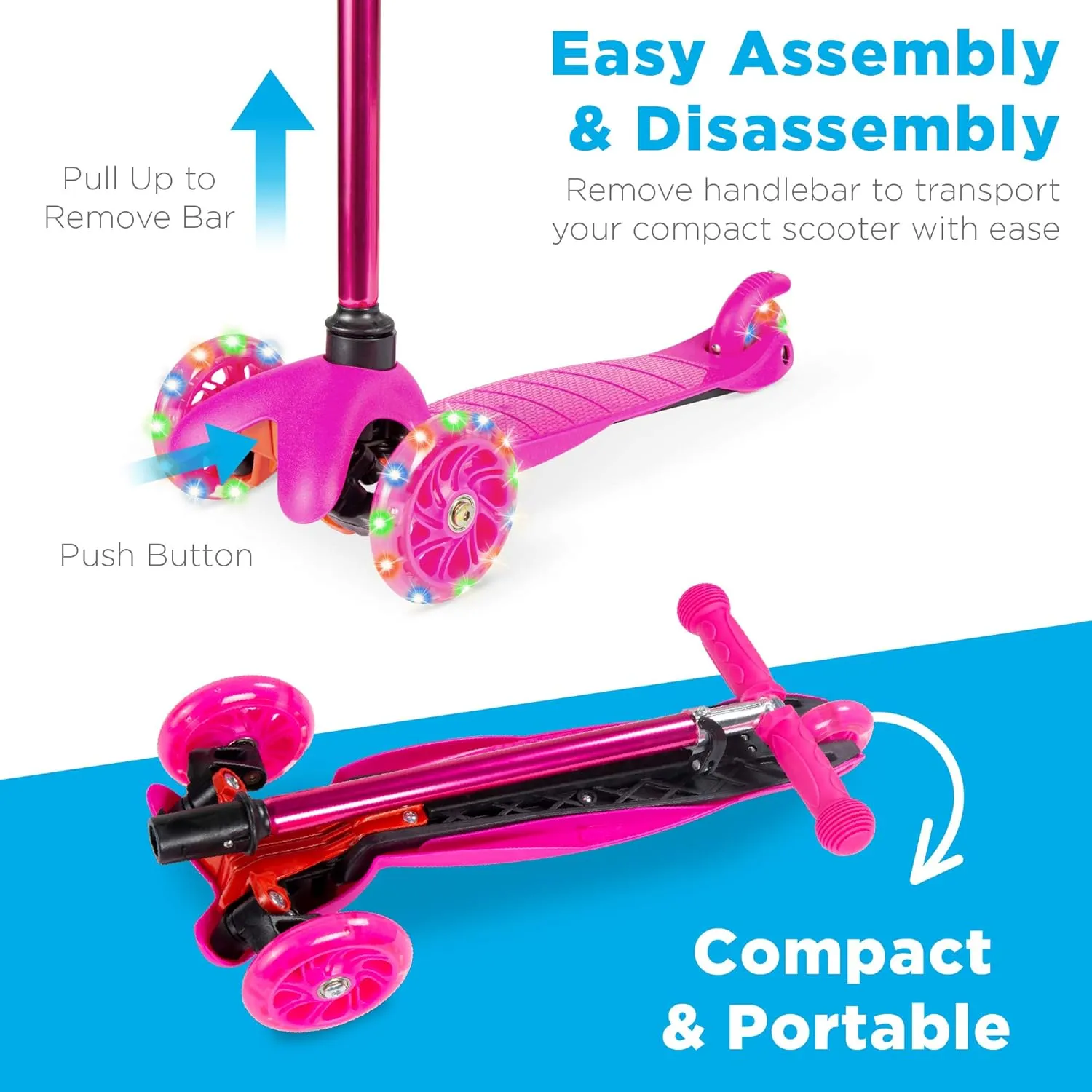 Best Choice Products Kids Mini Kick Scooter Toy w/ Light-Up Wheels, Height Adjustable T-Bar, Foot Break - Pink