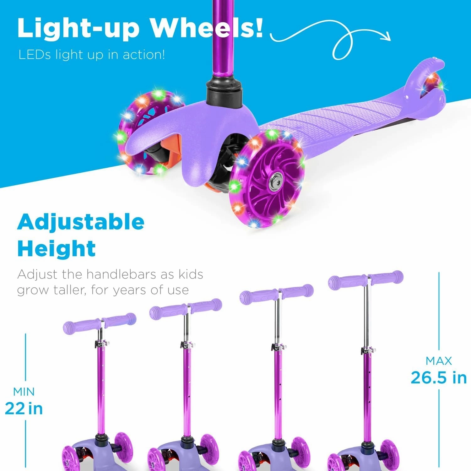 Best Choice Products Kids Mini Kick Scooter Toy w/ Light-Up Wheels, Height Adjustable T-Bar, Foot Break - Purple