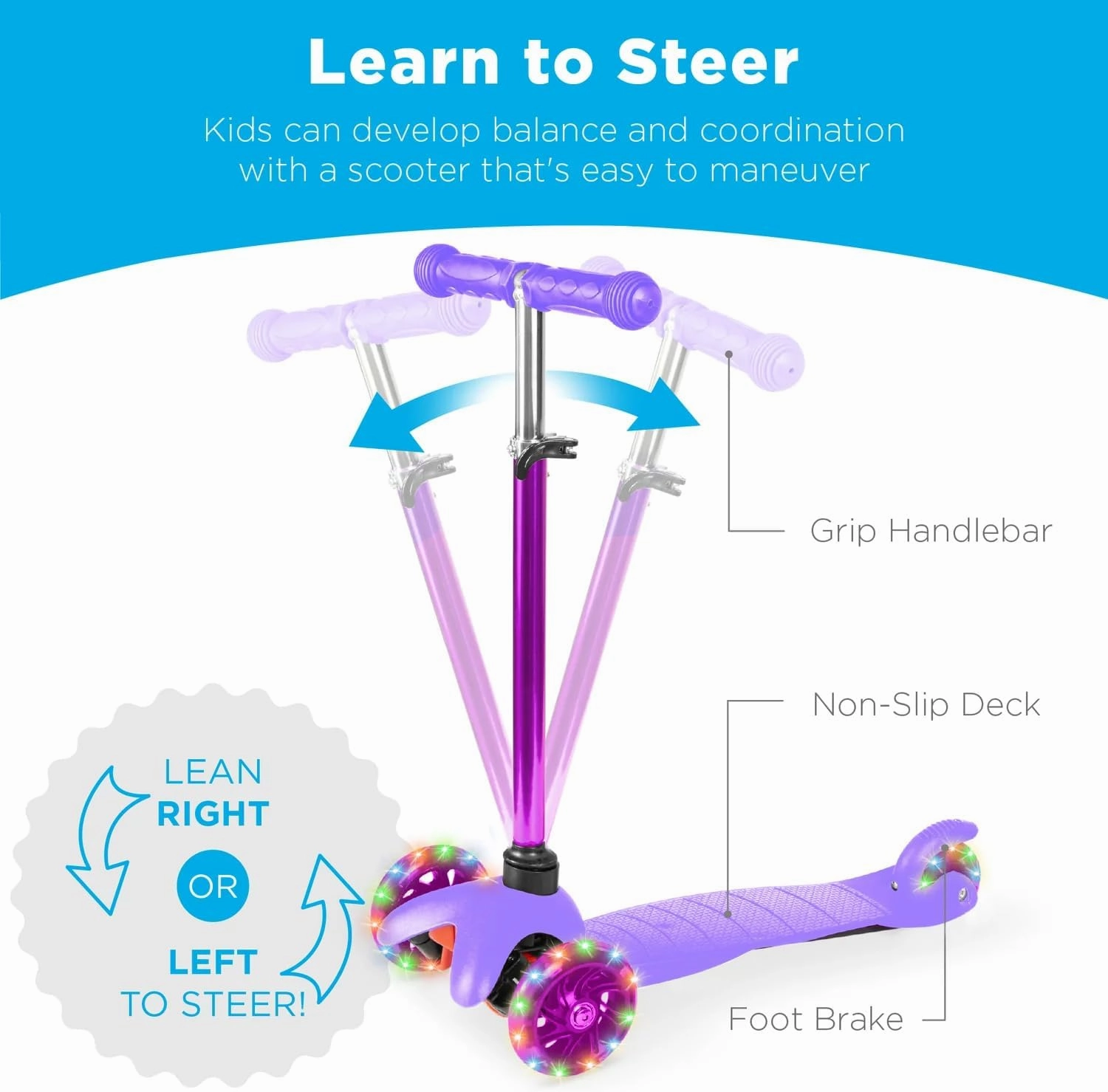 Best Choice Products Kids Mini Kick Scooter Toy w/ Light-Up Wheels, Height Adjustable T-Bar, Foot Break - Purple