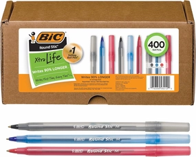 BIC Round Stic Xtra Life Ballpoint Pen, Medium Point (1.0mm), Black/Red/Blue -- Box of 400 Assorted Ball Pens
