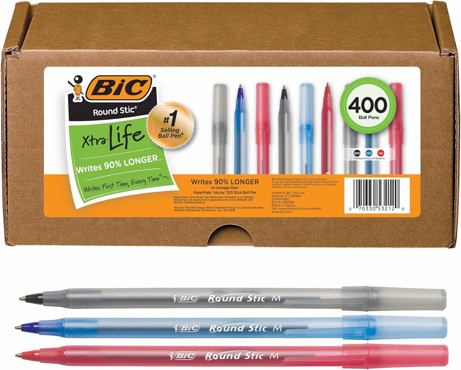 BIC Round Stic Xtra Life Ballpoint Pen, Medium Point (1.0mm), Black/Red/Blue -- Box of 400 Assorted Ball Pens