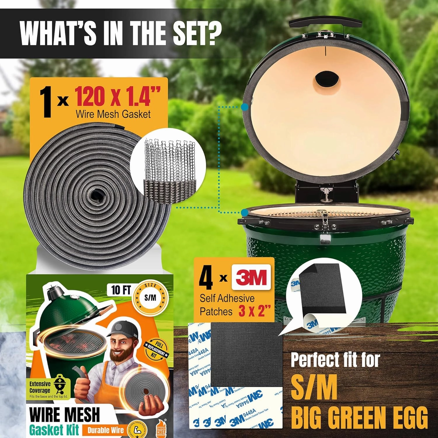 Big Green Egg Gasket Replacement S/M - 10 FT Wire Mesh Gasket - Fiberglass BGE Gasket - Compatible with Big Green Egg - Accessories & Parts for Grill by Smoker Chef