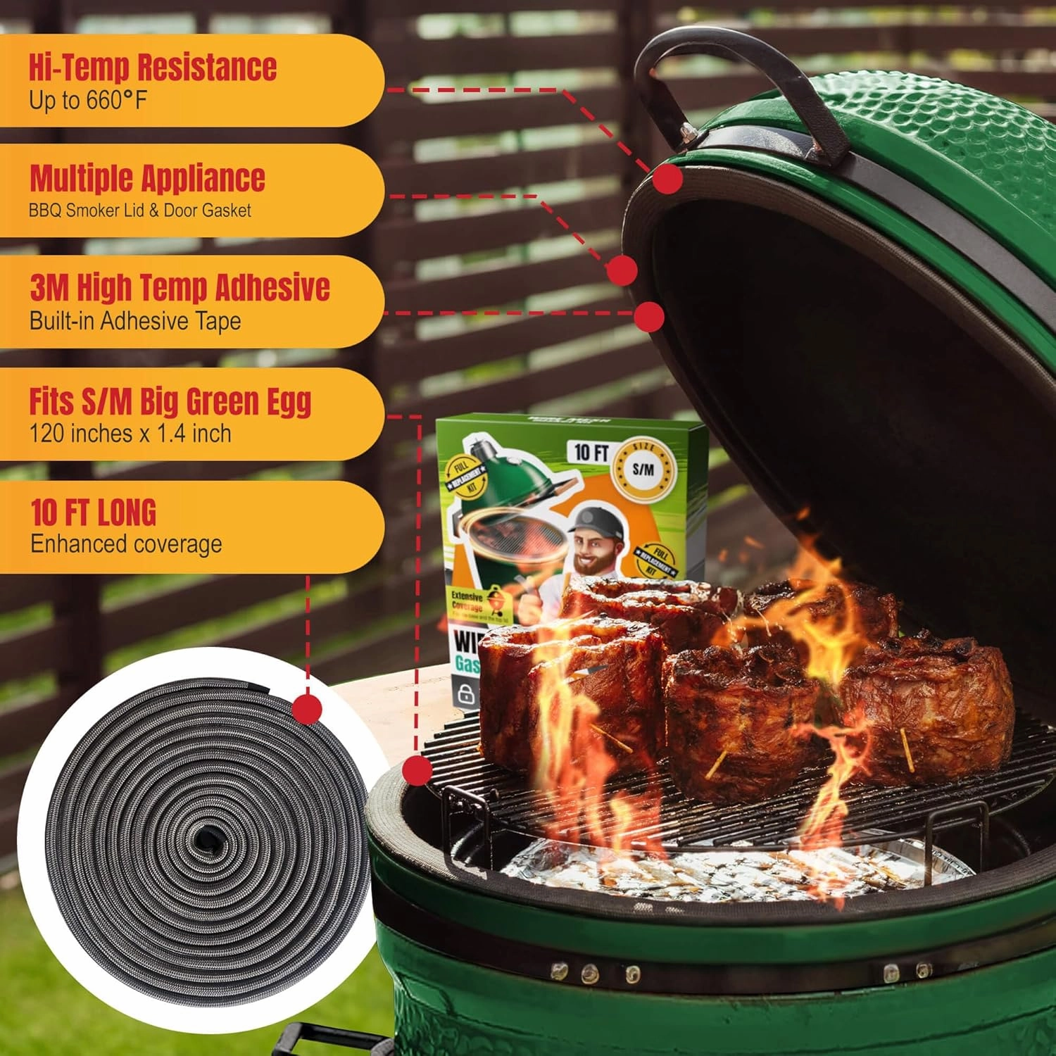 Big Green Egg Gasket Replacement S/M - 10 FT Wire Mesh Gasket - Fiberglass BGE Gasket - Compatible with Big Green Egg - Accessories & Parts for Grill by Smoker Chef