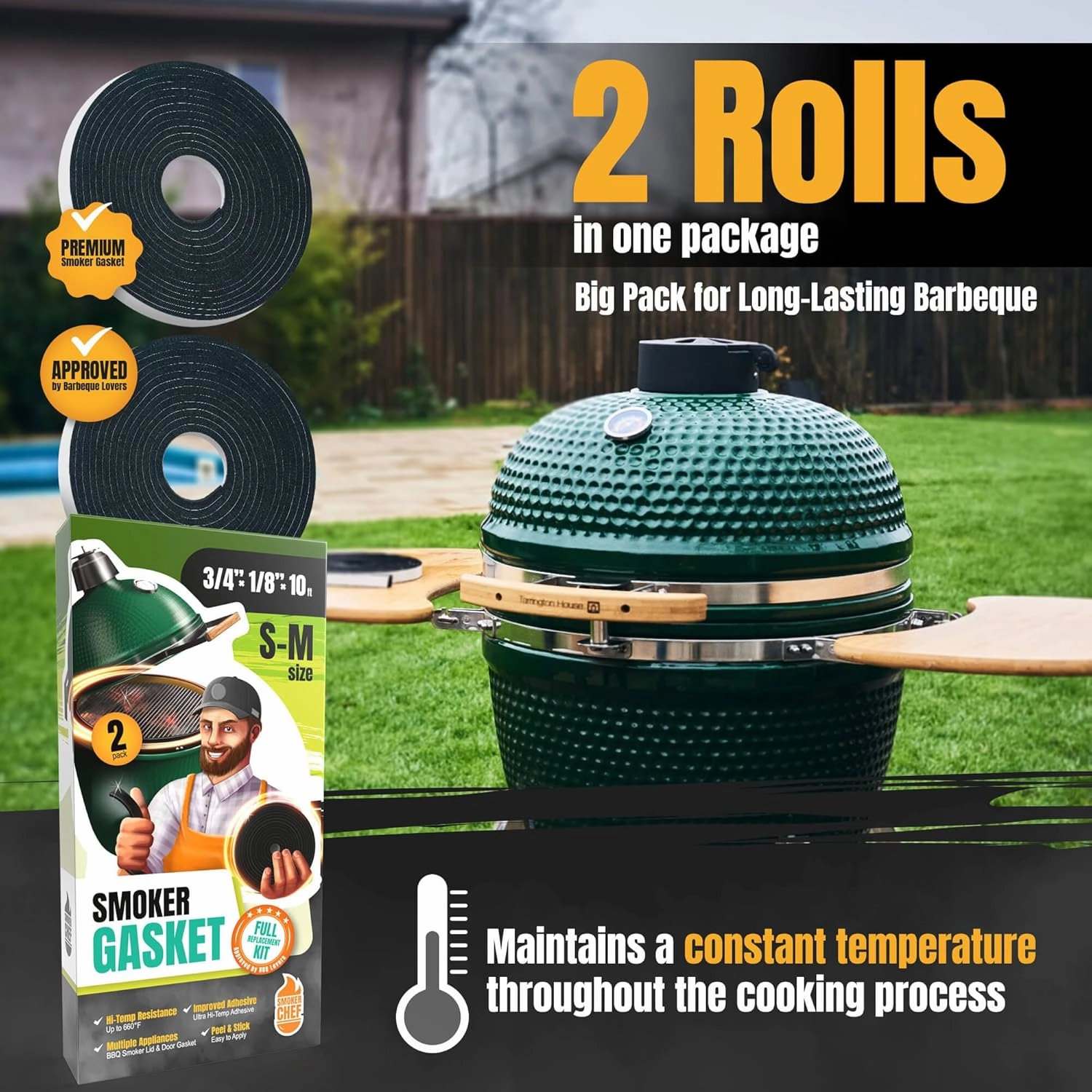 Big Green Egg Gasket Replacement S-M - 2-Pack x 5 FT Smoker Gasket Seal - BGE Gasket 3/4" x 1/8" Felt - Compatible with Big Green Egg - Accessories & Parts for Grill by Smoker Chef