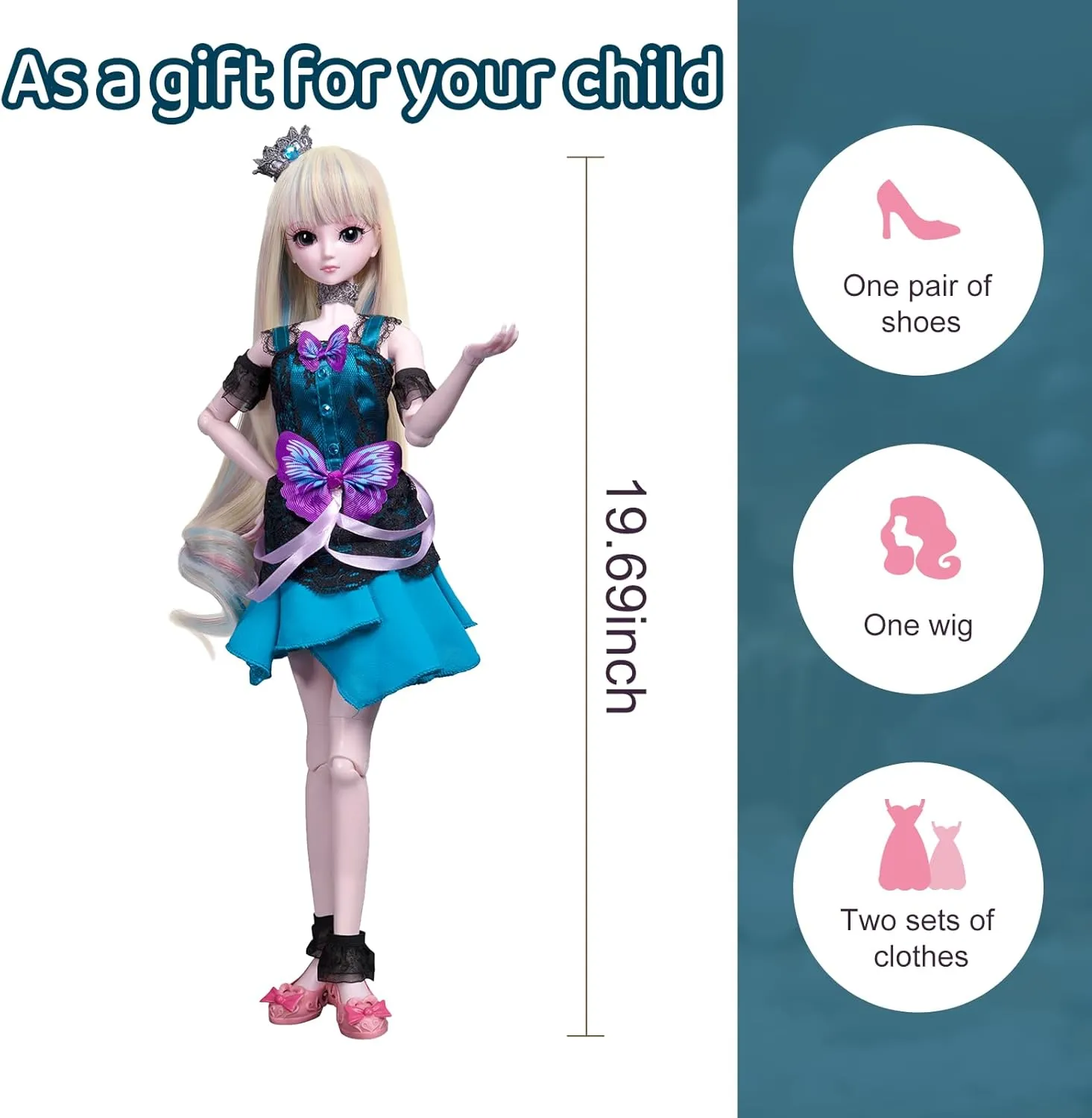 Bjd Doll, SD Toy 22.4 Inch 18 Ball Joint Design Doll, Dress Up Birthday Gift with Wigs, Clothes, Shoes for 3  Years Old Girls Kids Children