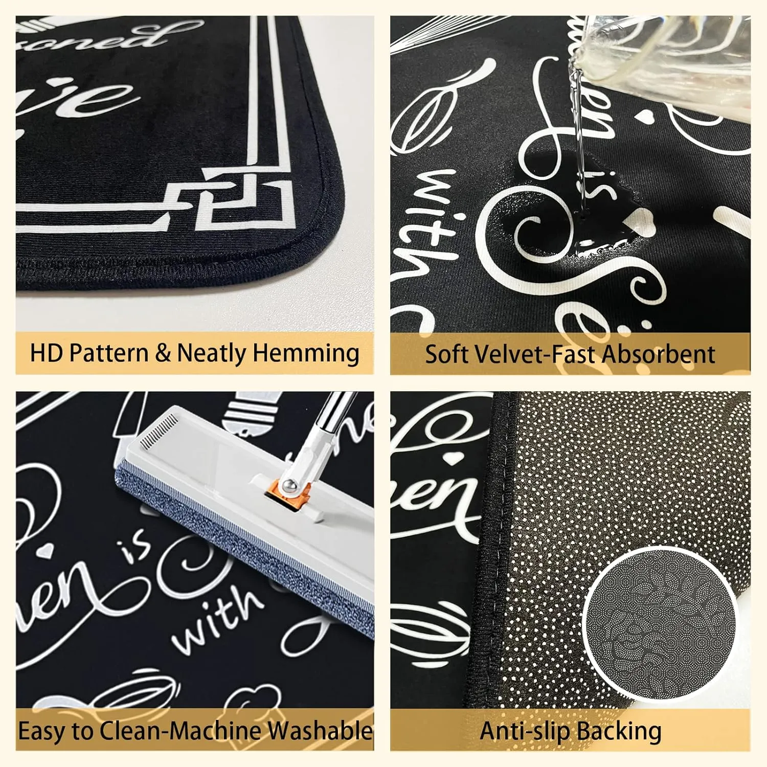 Black and White Kitchen Rugs, Non Skid Washable Microfiber mats for Floor, Kitchen Cushioned Runner Rug Decor Set of 2, Size 17"x 47" 17"x 30"