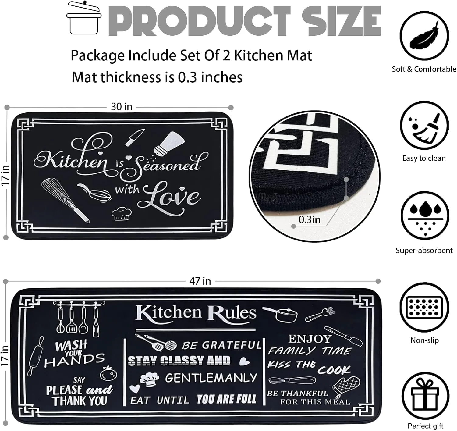 Black and White Kitchen Rugs, Non Skid Washable Microfiber mats for Floor, Kitchen Cushioned Runner Rug Decor Set of 2, Size 17"x 47" 17"x 30"