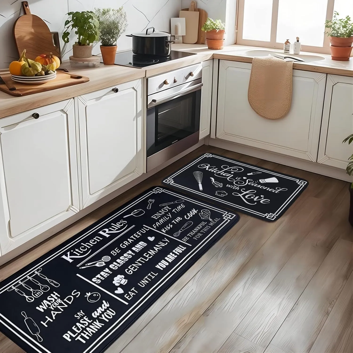 Black and White Kitchen Rugs, Non Skid Washable Microfiber mats for Floor, Kitchen Cushioned Runner Rug Decor Set of 2, Size 17"x 47" 17"x 30"