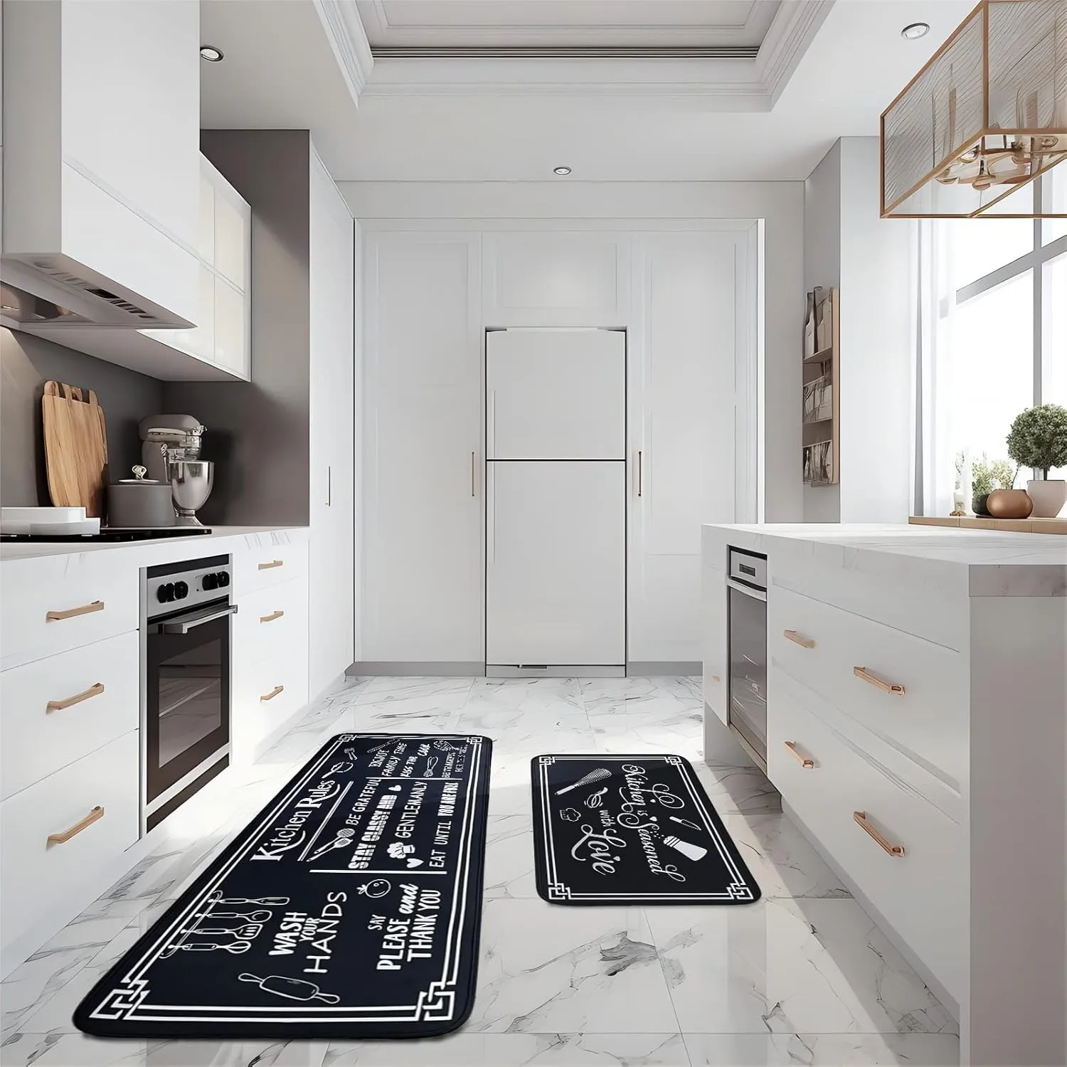 Black and White Kitchen Rugs, Non Skid Washable Microfiber mats for Floor, Kitchen Cushioned Runner Rug Decor Set of 2, Size 17"x 47" 17"x 30"