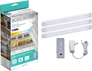 BLACK DECKER LED Under Cabinet Light Kit, Motion Sensor, Dimmable, Linkable, 3 Color Settings, Tool-Free, for Kitchen, Cabinets and Closets, (3) 9" Bars