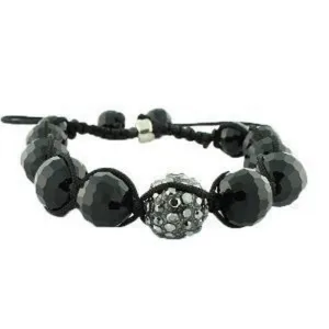 Black White CZ Ball Beaded Adjustable Simulated Onyx Macrame Bracelet