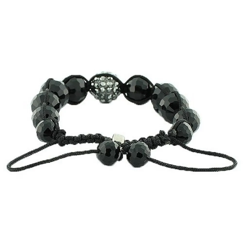 Black White CZ Ball Beaded Adjustable Simulated Onyx Macrame Bracelet