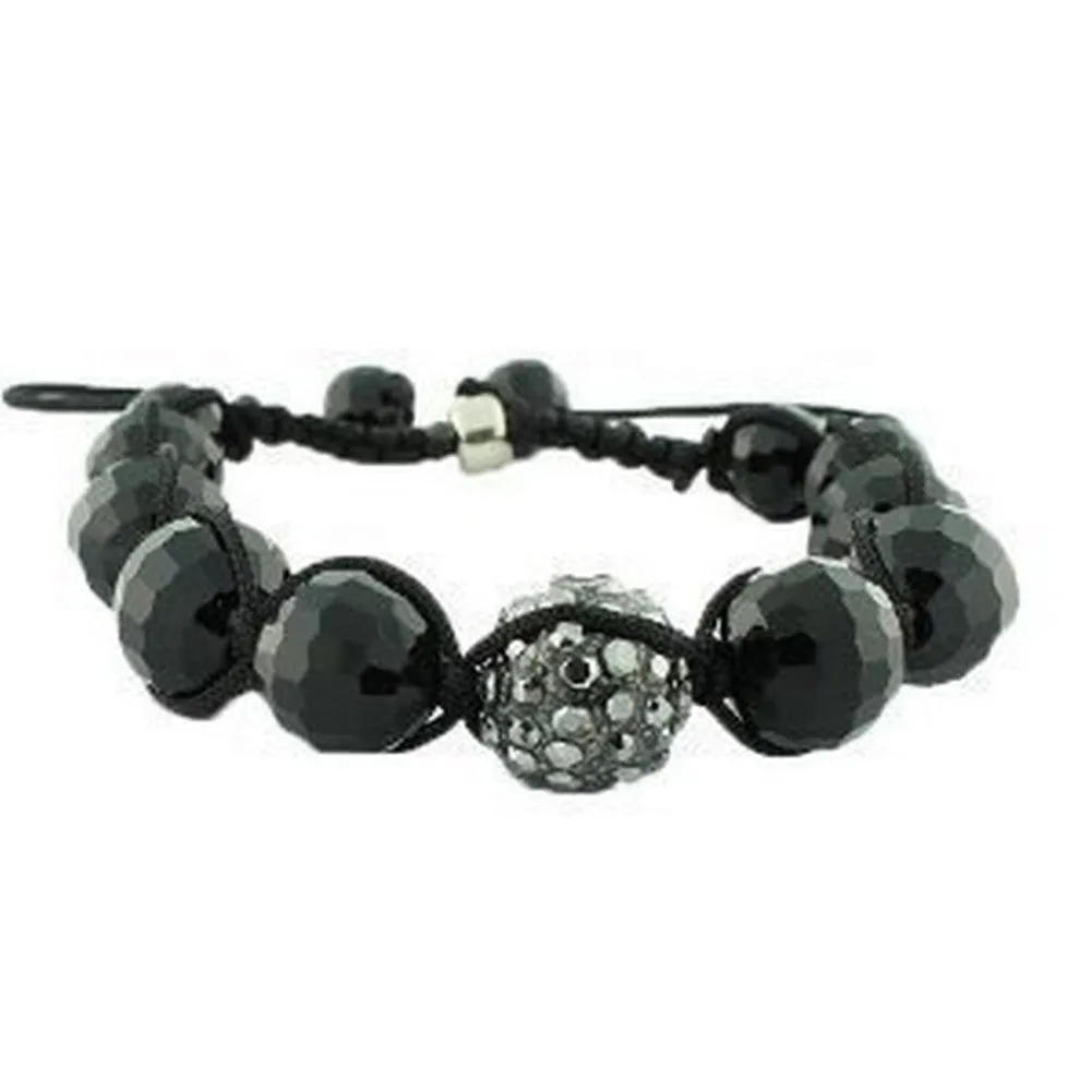 Black White CZ Ball Beaded Adjustable Simulated Onyx Macrame Bracelet