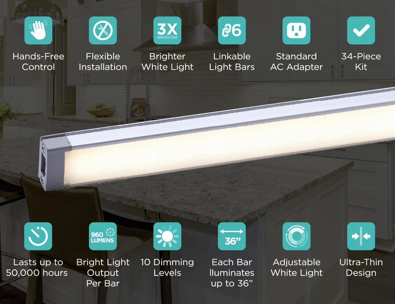 BLACK DECKER LED Under Cabinet Light Kit, Motion Sensor, Dimmable, Linkable, 3 Color Settings, Tool-Free, for Kitchen, Cabinets and Closets, (3) 9" Bars