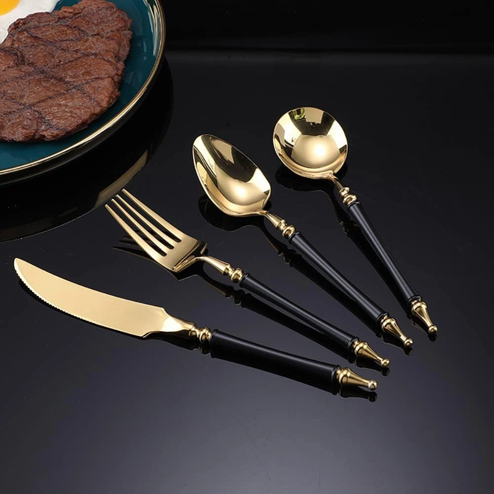 Black Gold Silverware Set for 6 Modern 30 Piece Flatware Cutlery Utensils Set Durable 18/10 Stainless Steel Include Knives Forks and Spoons Tableware Set for Home Kitchen Wedding Mirror Polished