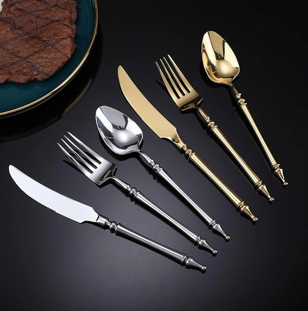 Black Gold Silverware Set for 6 Modern 30 Piece Flatware Cutlery Utensils Set Durable 18/10 Stainless Steel Include Knives Forks and Spoons Tableware Set for Home Kitchen Wedding Mirror Polished