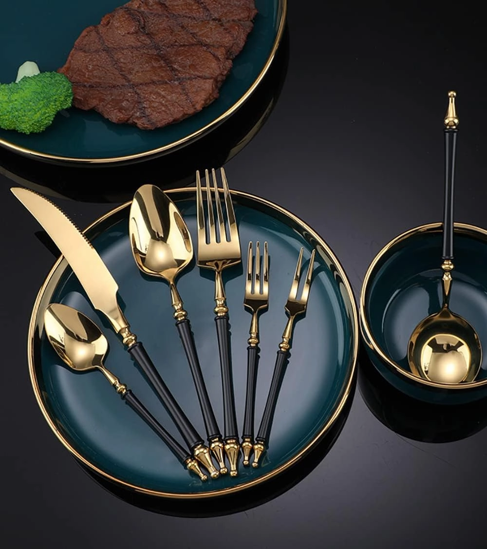 Black Gold Silverware Set for 6 Modern 30 Piece Flatware Cutlery Utensils Set Durable 18/10 Stainless Steel Include Knives Forks and Spoons Tableware Set for Home Kitchen Wedding Mirror Polished